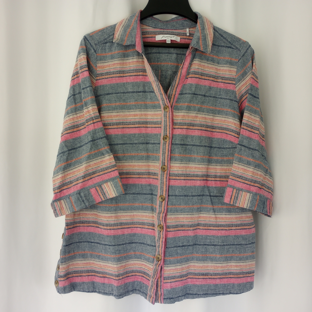 EUC Foxcroft Linen Striped Button-Up Shirt 3/4 Sleeve Pink and Blue Size 16W